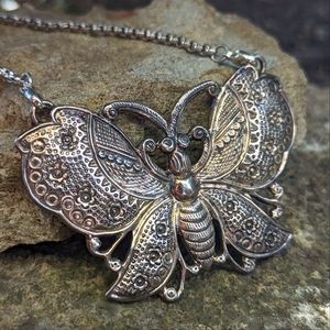 Huge Boho Sterling Silver Butterfly Moth Necklace 925